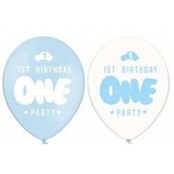 Pak met 6 ballonnen First Birthday blauw en wit