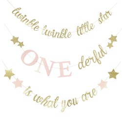 Driedelige banner set Twinkle twinkle little star ONEderful is what you are roze