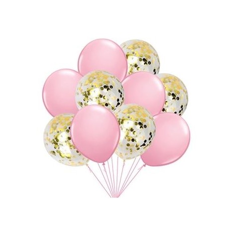 Mix van 5 roze en 5 doorzichtige ballonnen met ronde goud metallic confetti