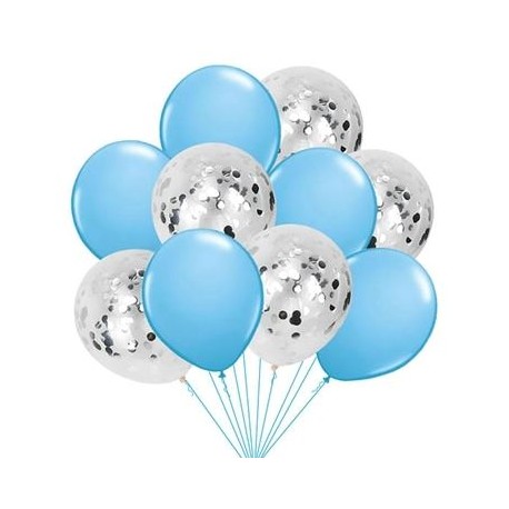 Mix van 5 blauwe en 5 doorzichtige ballonnen met ronde zilver metallic confetti