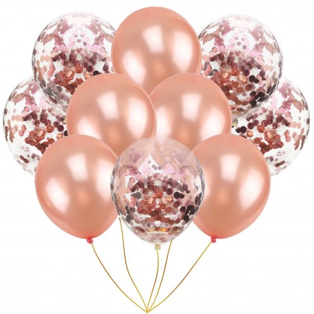Mix van 5 rosé goudkleurige en 5 doorzichtige ballonnen met rosé goud metallic confetti