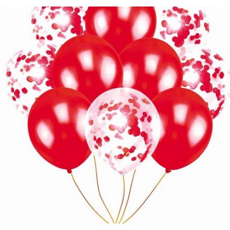 Mix van 5 rode en 5 doorzichtige ballonnen met ronde rode confetti
