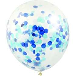 Doorzichtige ballonnen met witte, licht en donker blauwe ronde confetti