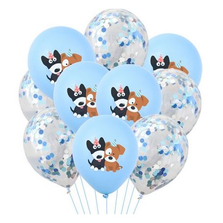10 ballonnen Happy Dog blauw en blauwe confetti mix