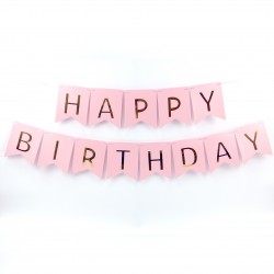 Banner met goud folie letters Happy Birthday op roze ondergrond