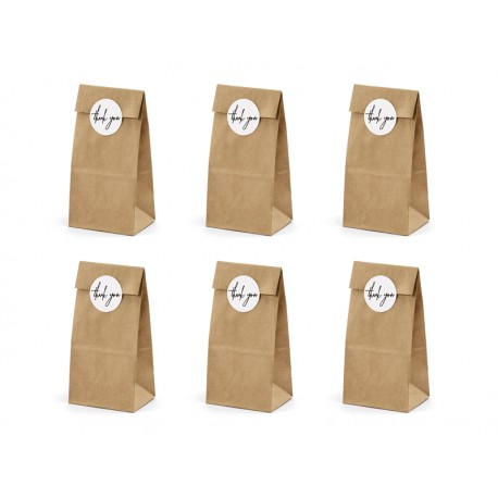 6 trendy kraft papieren giftbags en 6 ronde witte stickers met Thank You