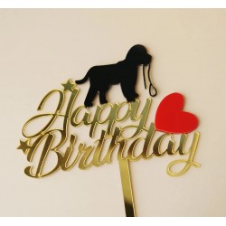 Acryl taart topper Happy Birthday goud met zwarte puppy en een rood hartje