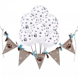 11-delige honden decoratie set met jute slinger blauw en 10 ballonnen