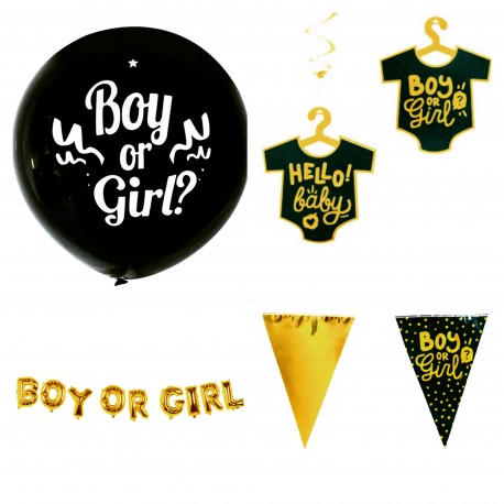 4-delige genderreveal decoratie set Boy or Girl goud met zwart Meisje