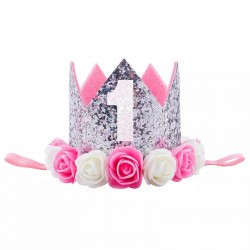 Aandoenlijk glitter hoedje voor de eerste verjaardag van een meisje zilver met witte en roze bloemen