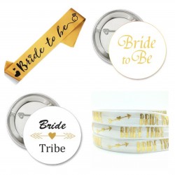 22-delige Vrijgezellenfeest set Bride Tribe goud wit met buttons, sjerp en armbanden