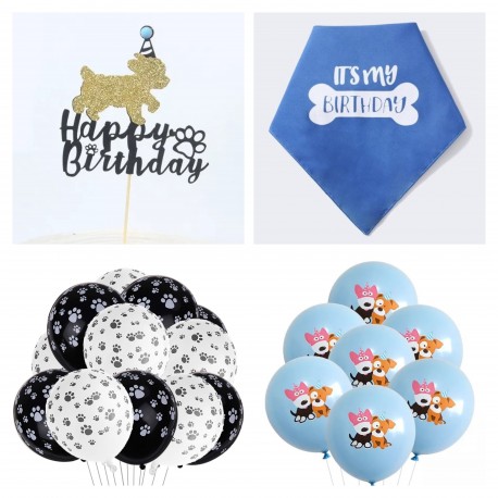 21-delige honden verjaardag set Happy Birthday blauw met taarttopper, ballonnen en bandana
