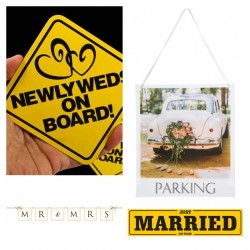 4-delige bruidsauto decoratie set Just Married, mr & mrs en Parking