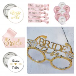 30-delige Vrijgezellenfeest set Team Bride wit met roze en goud met bril, sjerp, armbanden, ballonnen en buttons