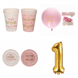 17-delige eerste verjaardag set met borden, bekertjes, ballonnen en folie ballon goud