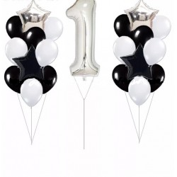 21-delige ballonnen set Eerste Verjaardag zilver zwart en witDeze set bestaat uit: