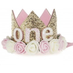 1e verjaardag cakesmash glitter hoedje One goud met roze en wit