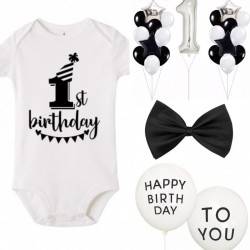 29-delige eerste verjaardag cakesmash set zwart, wit en zilver met romper, dasstrik en ballonnen