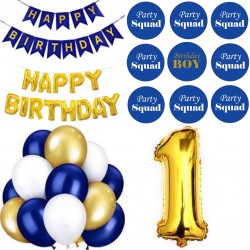 27-delige Happy Birthday decoratie set ! met slingers, ballonnen en buttons blauw met goud