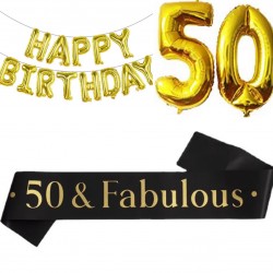 3-delige decoratie set 50 & Fabulous met zwart met gouden sjerp en ballonnen