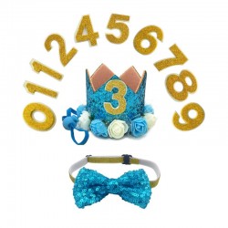 11-delige verjaardags set met hoedje met verschillende cijfers en strik licht blauw