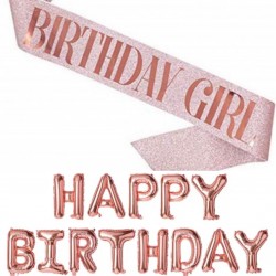 Birthday Girl set rosé goud 2-delig met sjerp en grote ballon slinger