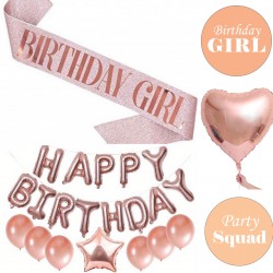 Birthday Girl set rosé goud 19-delig met sjerp, diverse ballonnen en 9 button