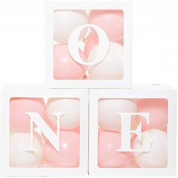 Drie doorzichtig letter ballon blokken One wit inclusief 24 ballonnen roze en wit