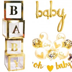 15-delige set deLuxe Baby goud met wit met ballonbox, diverse folie en latex ballonnen en slinger 