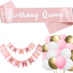 19-delige set met sjerp, ballonnen en slinger Happy Birthday roze met wit en goud