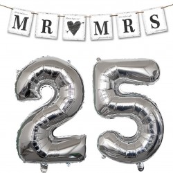 Mr and Mrs Always and Forever set 25 jaar zilver met slinger en folie ballonnen