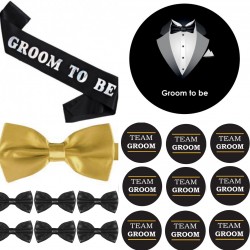 21-delige Vrijgezellenfeest luxe set Groom to Be met sjerp, buttons en vlinderdassen goud, zwart en wit