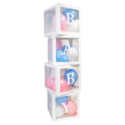 Vier doorzichtig letter ballon blokken Baby wit met 24 blauwe, roze en witte ballonnen