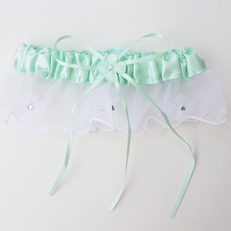 Prachtig satijn met organza kousenbandje wit en mint groen