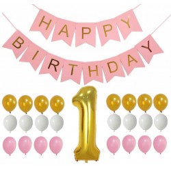 Happy First Birthday Girl 32-delige decoratie set roze, goud en wit