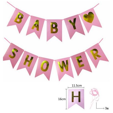 Babyshower banner met goudkleurige letters op een roze achtergrond