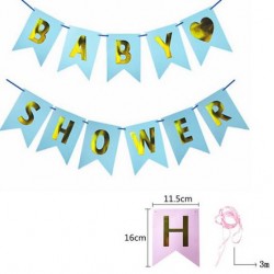 Babyshower banner met goudkleurige letters op een blauwe achtergrond