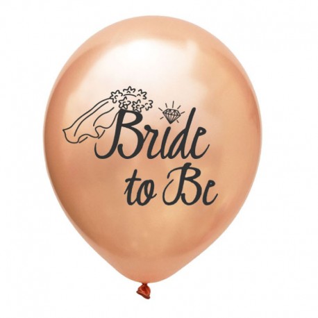 Ballonnen voor het vrijgezellenfeest rose goud met in zwart de tekst Bride to Be met sluier en diamant