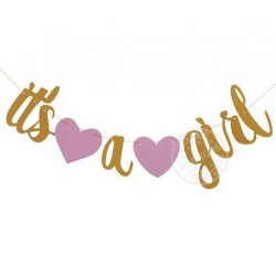 Banner gold glitter met 2 roze harten It's a Girl