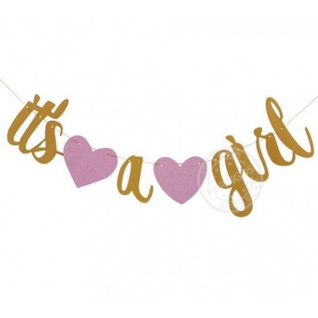 Banner gold glitter met 2 roze harten It's a Girl