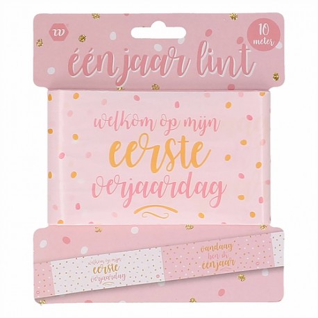 Afzetlint voor een eerste verjaardag in de kleuren roze en wit met goud