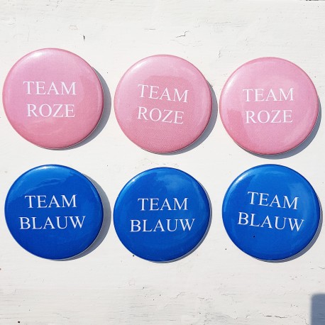 Set met 6 gender reveal buttons met 3x Team Blauw en 3x Team Roze