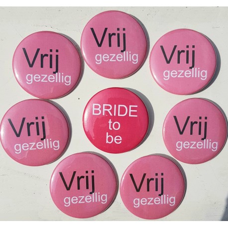 Buttonset set met 7 X button Vrij Gezellig roze en 1x Bride to Be roze 