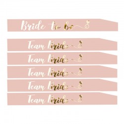 Set met 6 sjerpen, waarvan 1 x Bride to be wit en 5 x team bride tribal sjerp rosé goud met goud