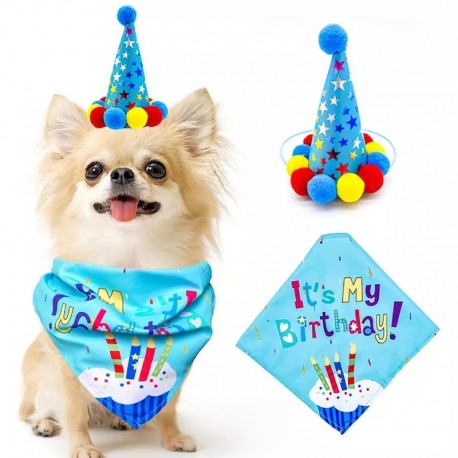 Honden verjaardagset 2-delig It's my Birthday blauw met feestmuts en bandana