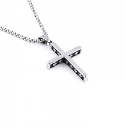 Lange heren ketting Cross zilverkleurig met allemaal kleine kruisjes aan de zijkant van de bedel