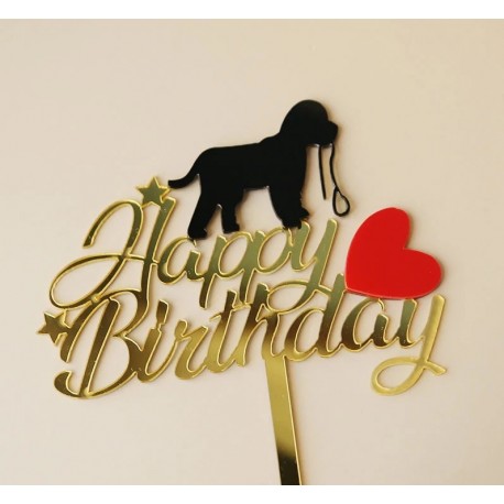 Acryl taart topper Happy Birthday goud met zwarte puppy en een rood hartje