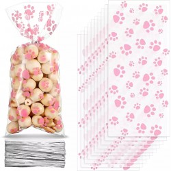 Pak met 25 doorzichtige cellofaan zakjes met roze honden pootjes