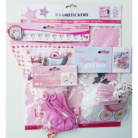 18-delig Babyshower voordeel pakket Ooievaar roze