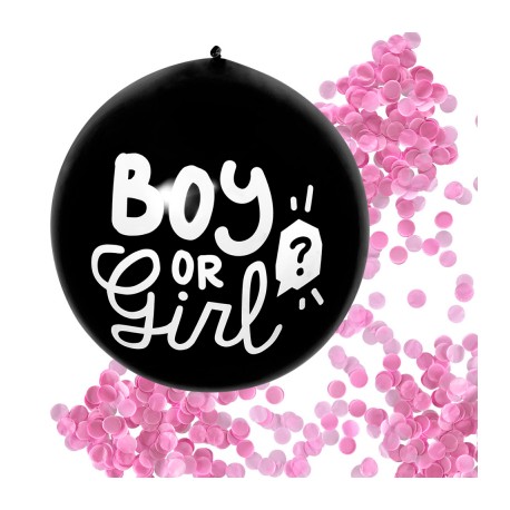 Genderreveal ballon Boy or Girl zwart gevuld met roze of blauwe confetti